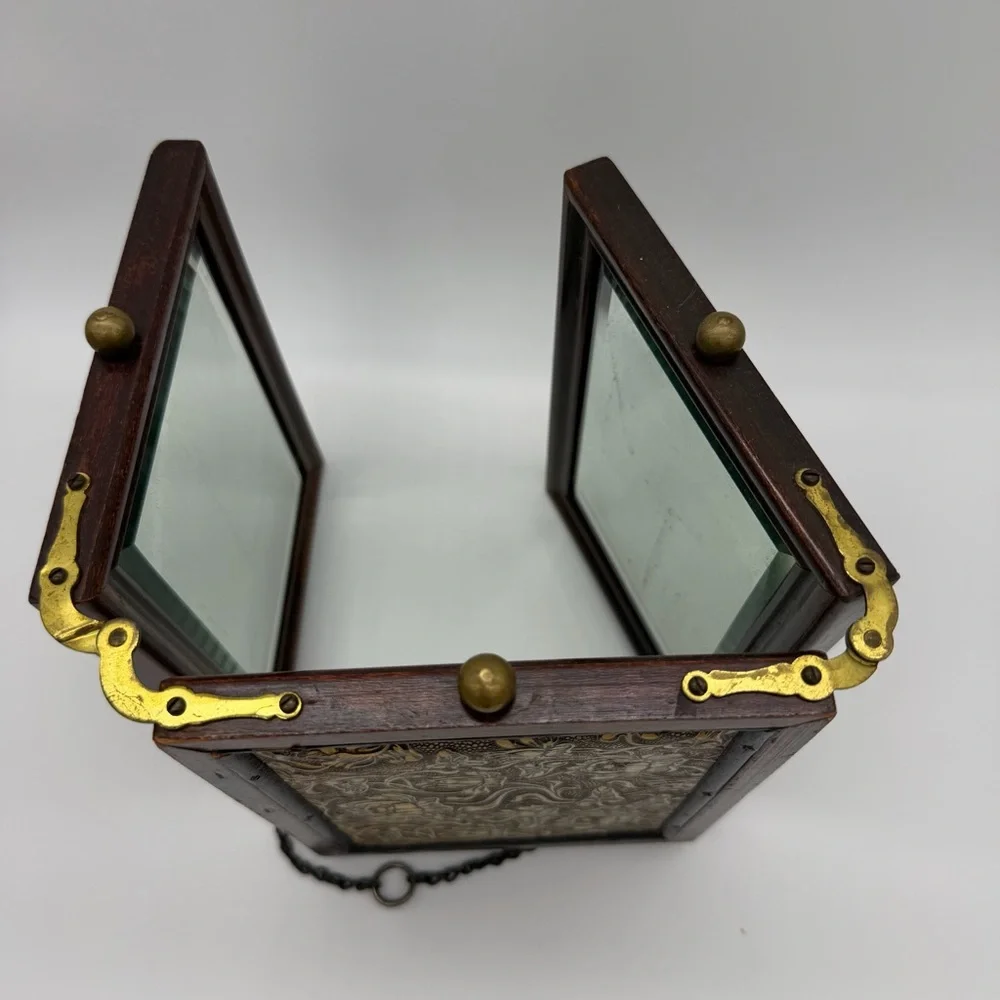 Antique English Tri Fold Vanity Mirror Floral Wood Oak Frame Art Nouveau Leather